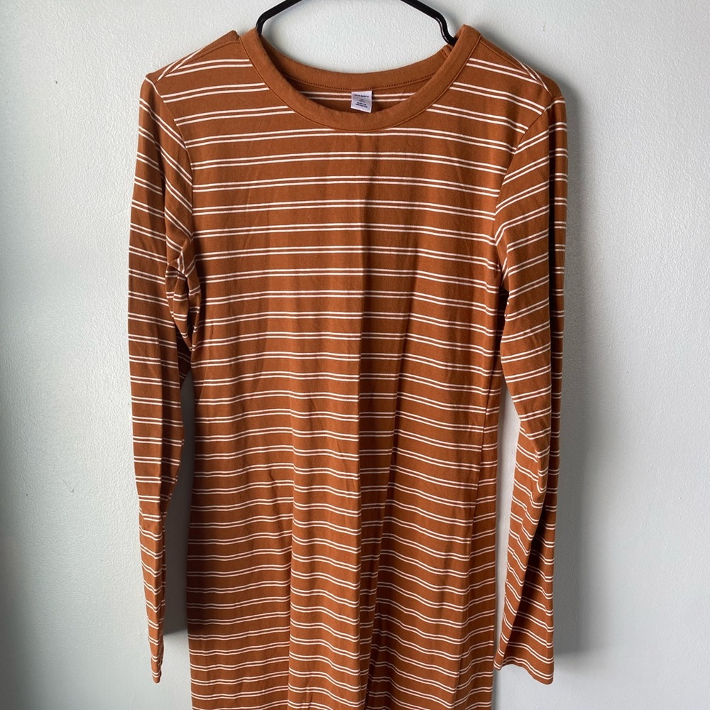 Old Navy body-con dress, camel orange with white stripes. LS Medium tall